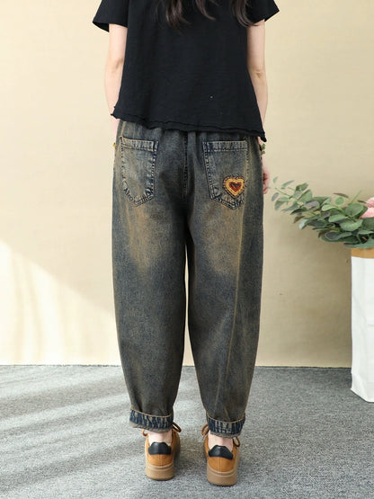 Harem Pants Women - Retro Denim With Flower Embroidery, Elastic Waist, Ankle-Length - Brand Name - 6