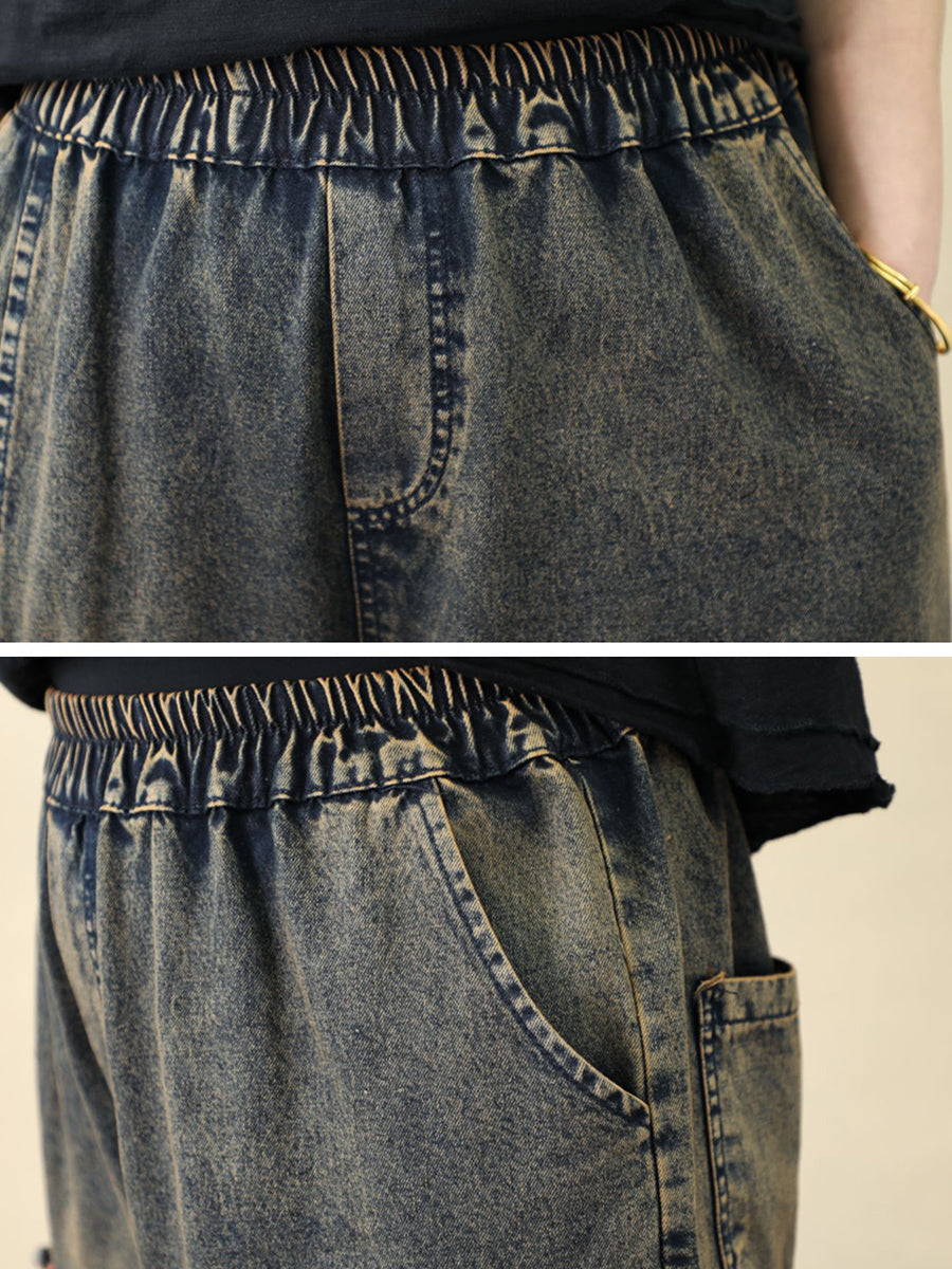 Harem Pants Women - Retro Denim With Flower Embroidery, Elastic Waist, Ankle-Length - Brand Name - 7