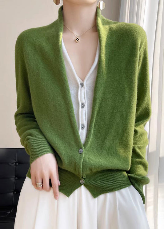 Women's Knit Top Green V Neck Wool Blend - 1