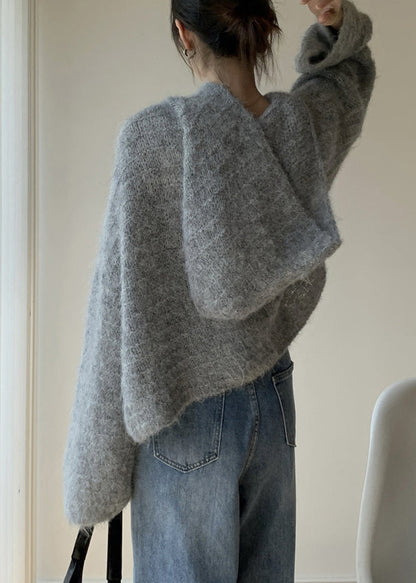 Women's Hooded Sweater Grey Cotton Knit - 5