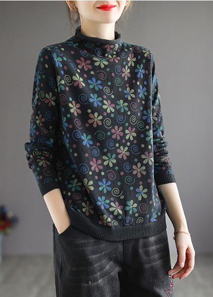 Women's Sweater Khaki Print High Neck Cotton Blend Plus Size - 2