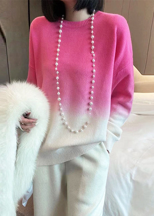 Women's Sweater Pink Gradient O-Neck Knit - 1