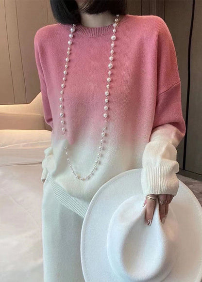 Women's Sweater Pink Gradient O-Neck Knit - 4