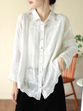 Women's Shirt - Artsy Embroidery, Elegant Flower Pattern, Turn-Down Collar, Full Sleeves - Brand Name - 1