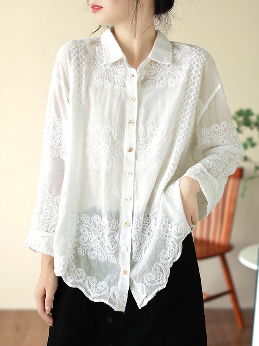 Women's Shirt - Artsy Embroidery, Elegant Flower Pattern, Turn-Down Collar, Full Sleeves - Brand Name - 1