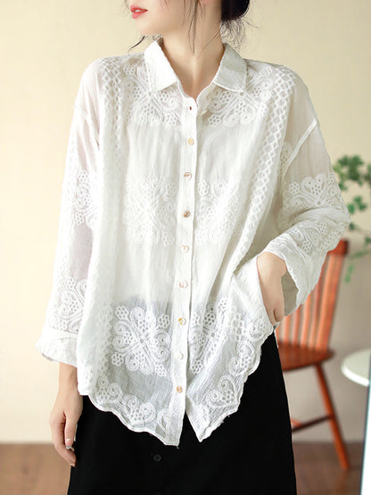 Women's Shirt - Artsy Embroidery, Elegant Flower Pattern, Turn-Down Collar, Full Sleeves - Brand Name - 1