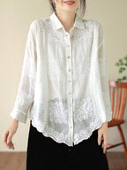 Women's Shirt - Artsy Embroidery, Elegant Flower Pattern, Turn-Down Collar, Full Sleeves - Brand Name - 2