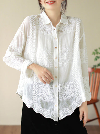 Women's Shirt - Artsy Embroidery, Elegant Flower Pattern, Turn-Down Collar, Full Sleeves - Brand Name - 3
