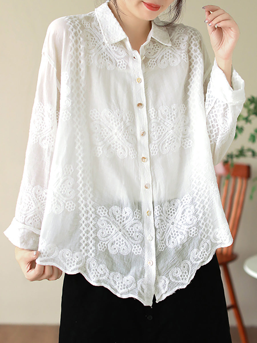 Women's Shirt - Artsy Embroidery, Elegant Flower Pattern, Turn-Down Collar, Full Sleeves - Brand Name - 4