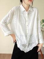 Women's Shirt - Artsy Embroidery, Elegant Flower Pattern, Turn-Down Collar, Full Sleeves - Brand Name - 5