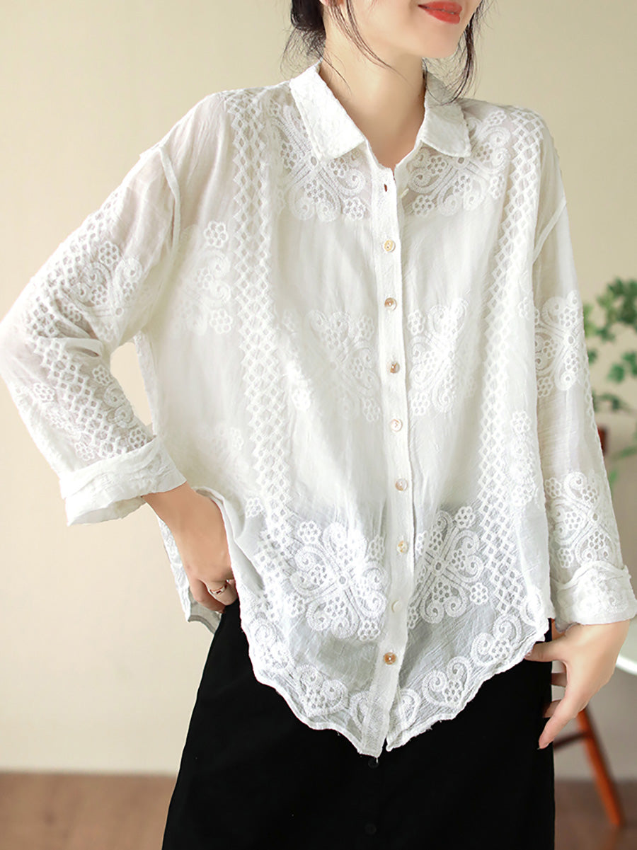 Women's Shirt - Artsy Embroidery, Elegant Flower Pattern, Turn-Down Collar, Full Sleeves - Brand Name - 5