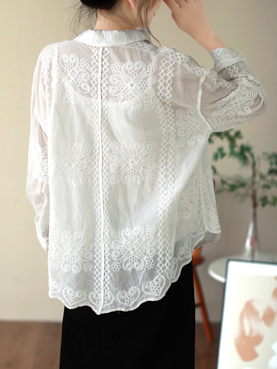 Women's Shirt - Artsy Embroidery, Elegant Flower Pattern, Turn-Down Collar, Full Sleeves - Brand Name - 6