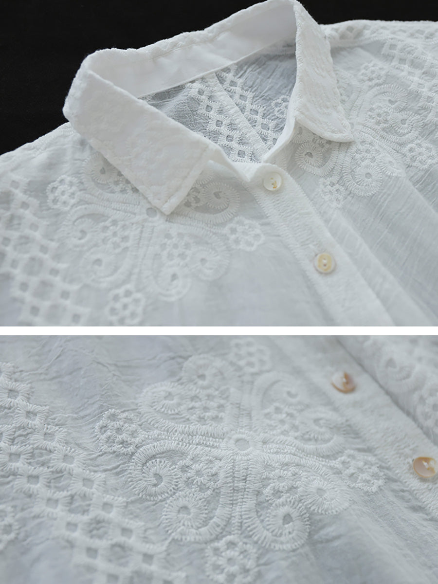 Women's Shirt - Artsy Embroidery, Elegant Flower Pattern, Turn-Down Collar, Full Sleeves - Brand Name - 7