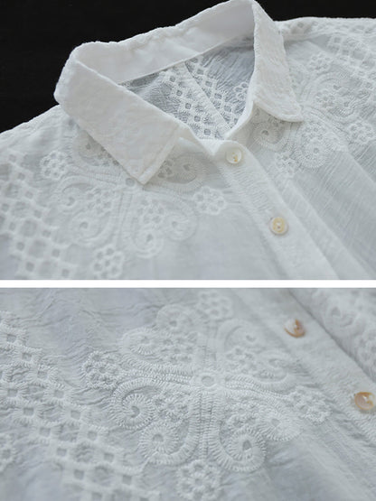 Women's Shirt - Artsy Embroidery, Elegant Flower Pattern, Turn-Down Collar, Full Sleeves - Brand Name - 7