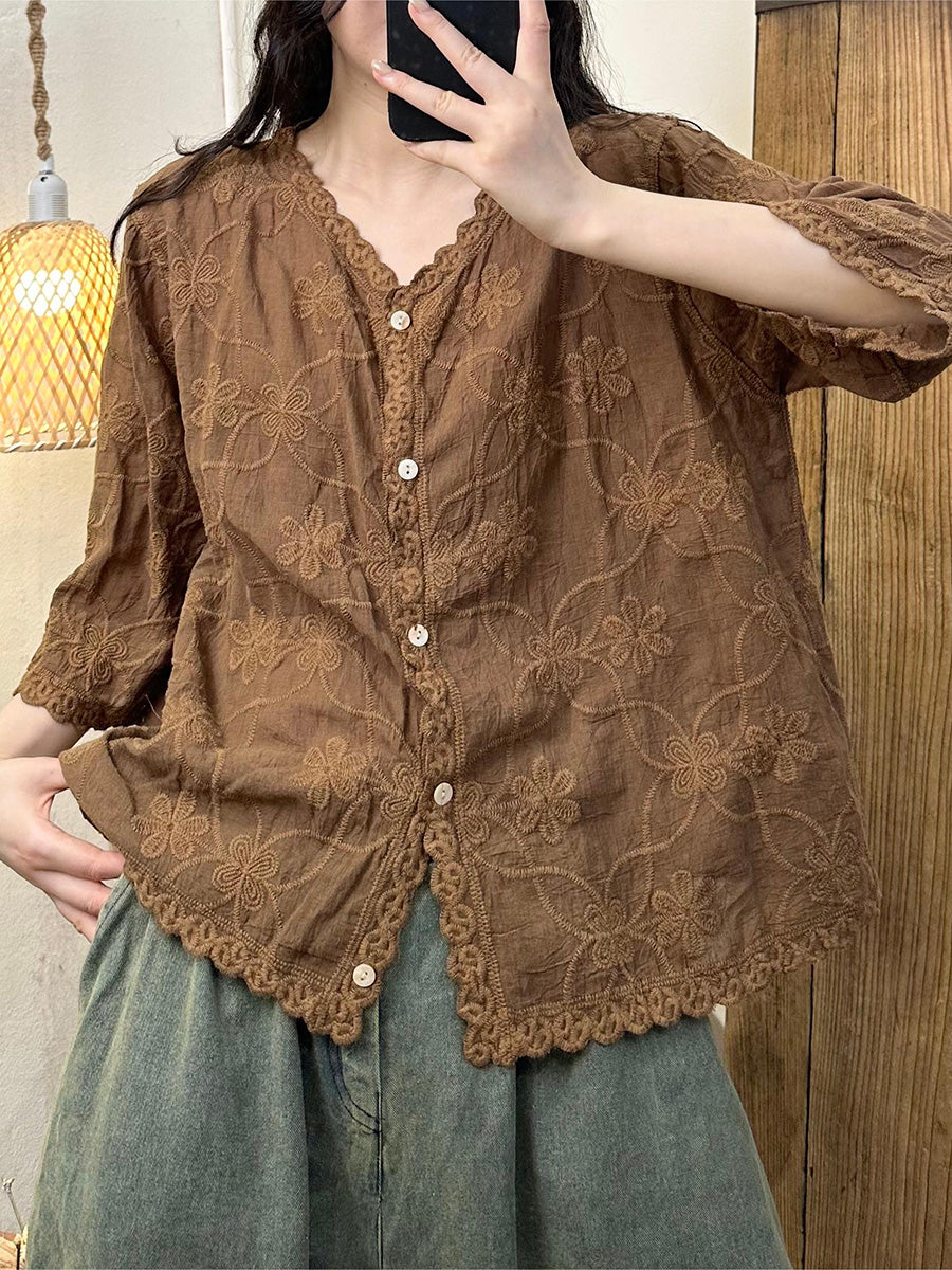 Women's Shirt - Vintage Flower Embroidery, V-Neck, Full Sleeves - Brand Name - 1