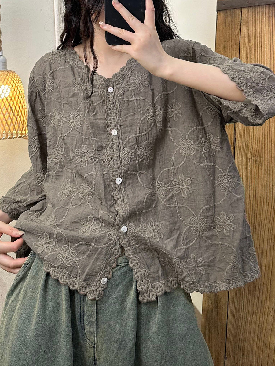 Women's Shirt - Vintage Flower Embroidery, V-Neck, Full Sleeves - Brand Name - 2