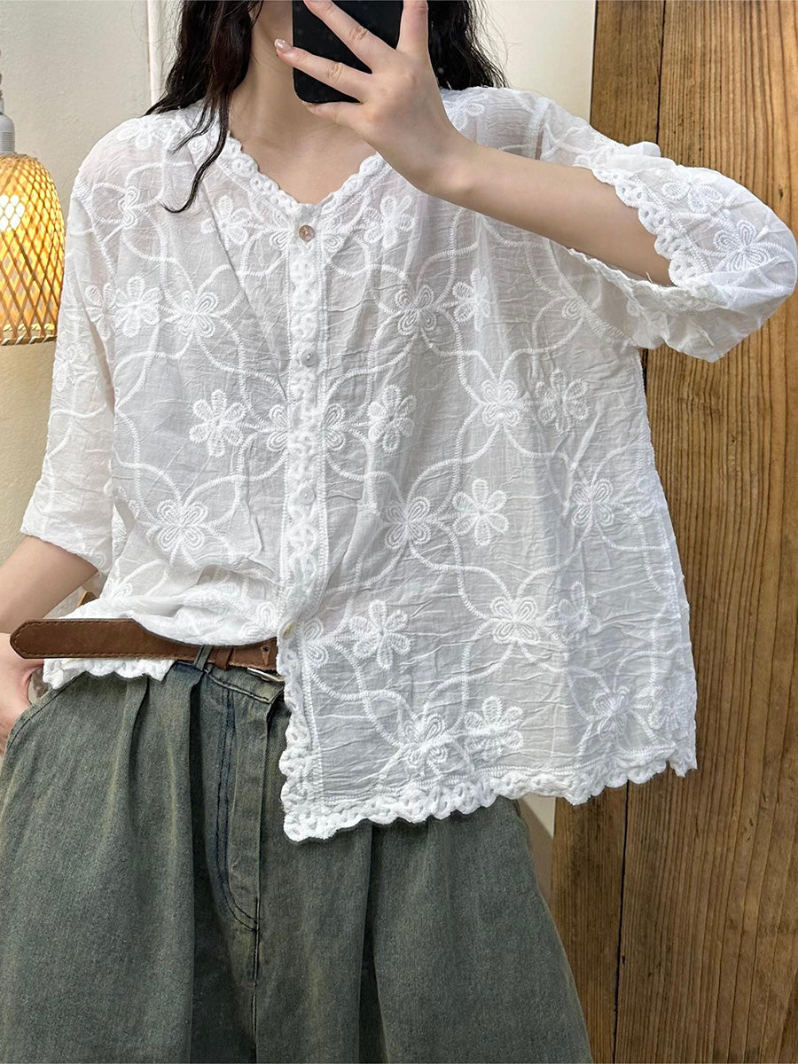 Women's Shirt - Vintage Flower Embroidery, V-Neck, Full Sleeves - Brand Name - 3