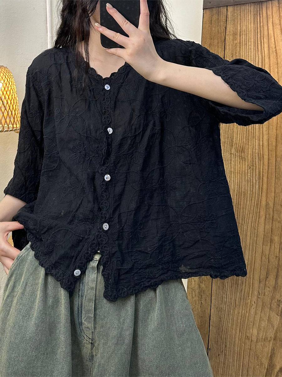 Women's Shirt - Vintage Flower Embroidery, V-Neck, Full Sleeves - Brand Name - 6