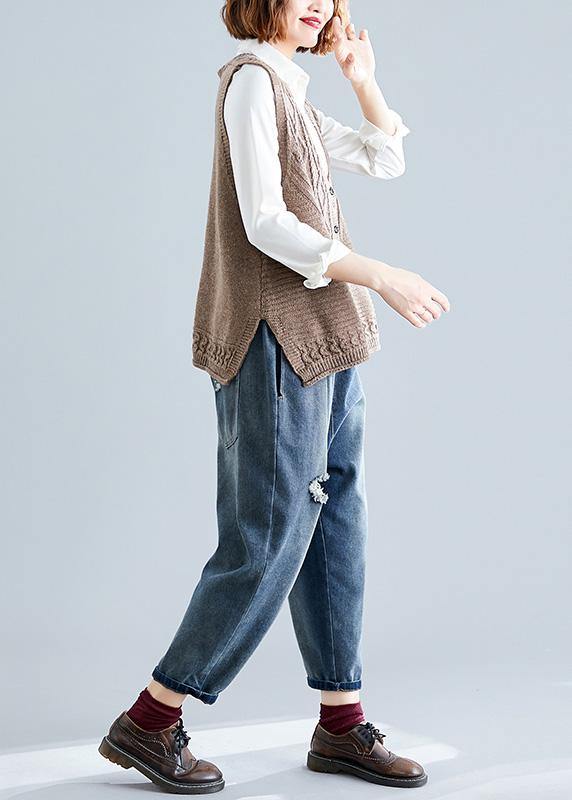 Women's Blouse Dark Khaki Knitted Sleeveless Cotton - 4