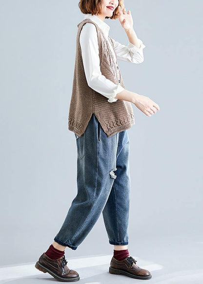 Women's Blouse Dark Khaki Knitted Sleeveless Cotton - 4