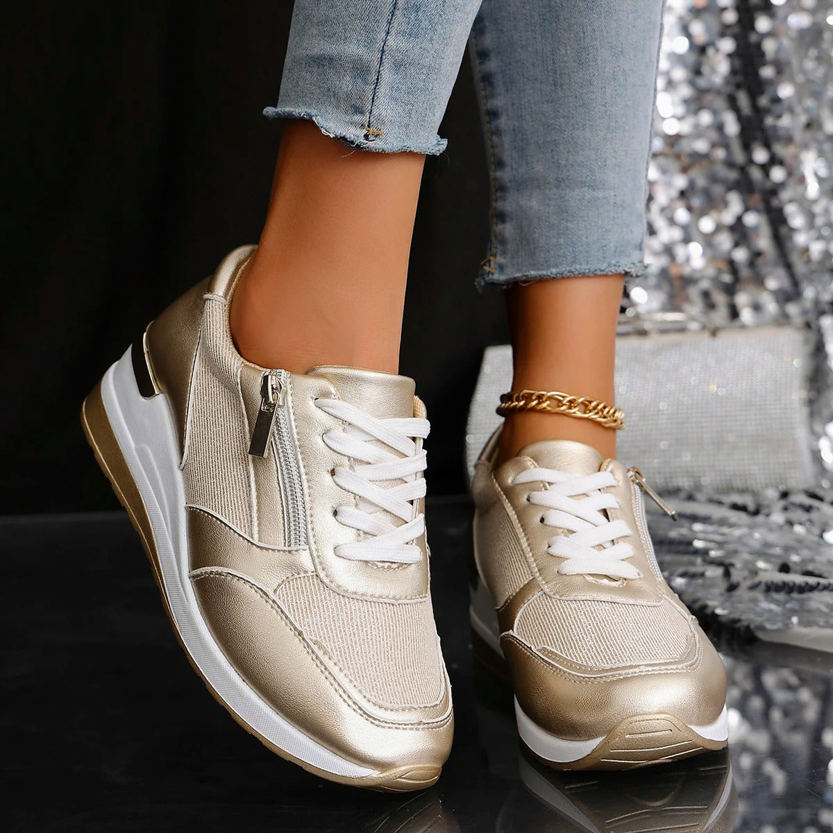 Women's Arch Support Sneakers with Breathable Textile and Side Zip Closure 2