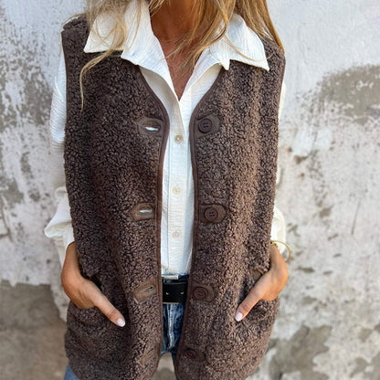 Women's Plush Button-Front Pocket Vest in Brown - product view | Hensley London