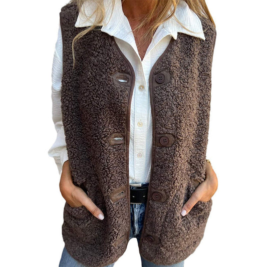 Women's Plush Button-Front Pocket Vest - additional product view | Hensley London