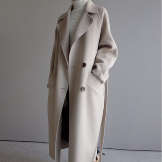 Women's Longline Coat Beige Polyester - 1