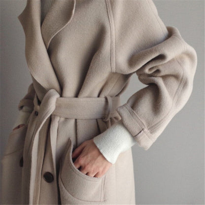 Women's Longline Coat Beige Polyester - 2