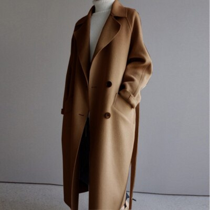 Women's Longline Coat Beige Polyester - 4