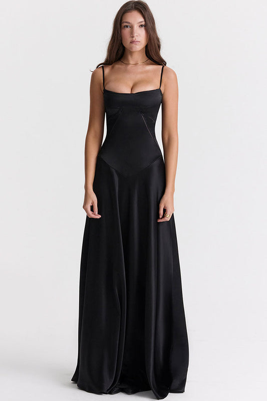 Women's Black Maxi Dress Satin with Lace Up Back 0