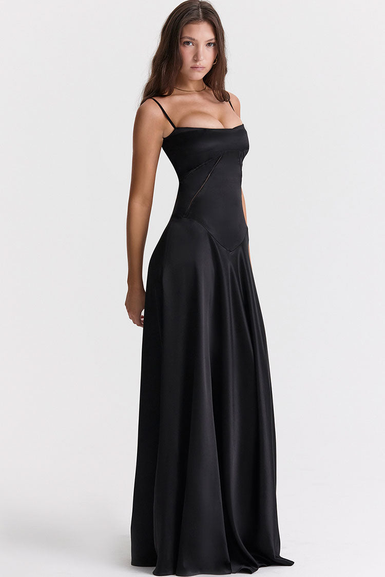 Women's Black Maxi Dress Satin with Lace Up Back 2