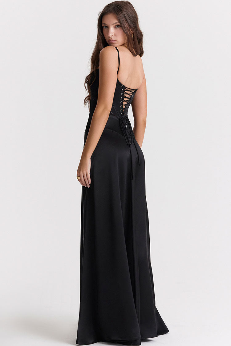 Women's Black Maxi Dress Satin with Lace Up Back 3
