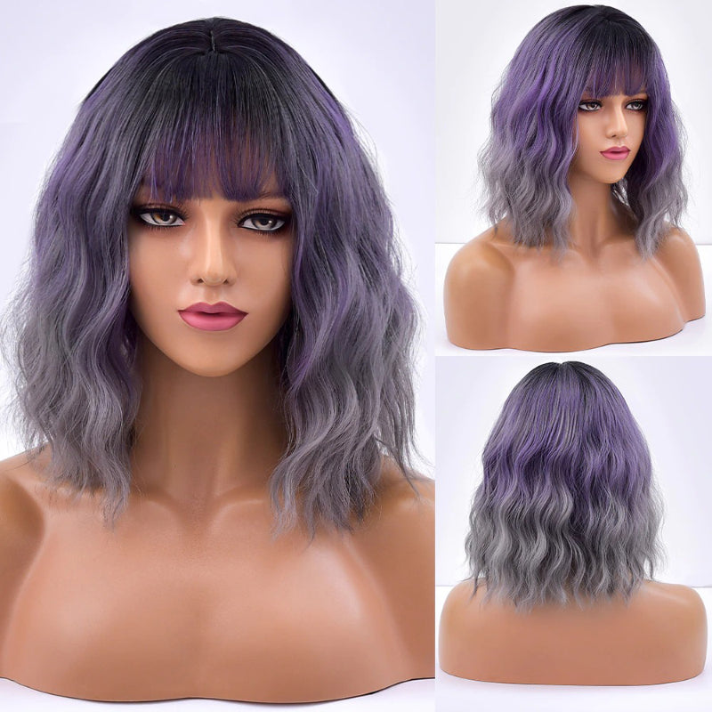 Women's Bob Wig Purple Ombre Wavy High-Temperature Fiber 11