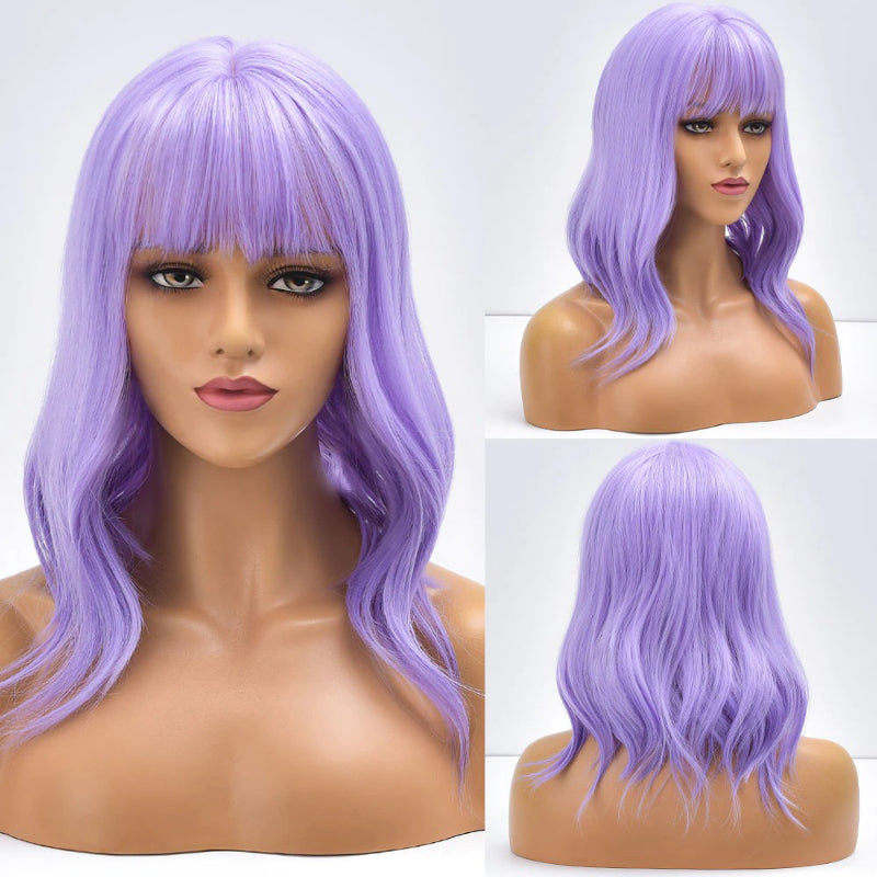 Women's Bob Wig Purple Ombre Wavy High-Temperature Fiber 14