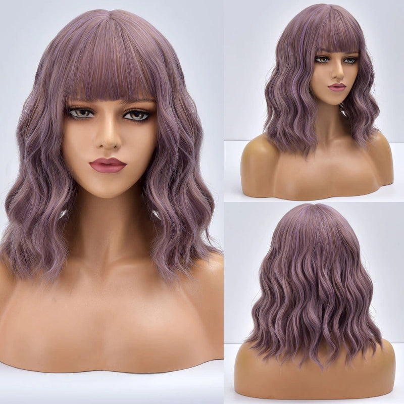 Women's Bob Wig Purple Ombre Wavy High-Temperature Fiber 18