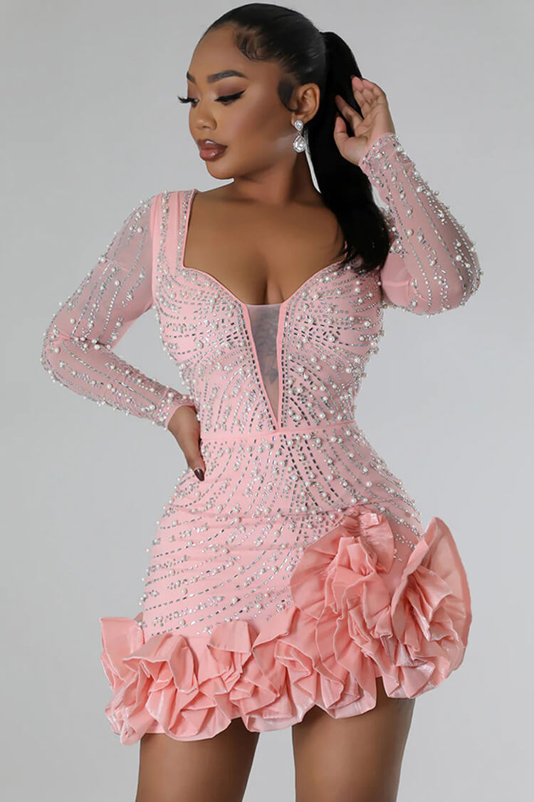 Women's Bodycon Mini Dress Black Mesh Polyester with Crystal Embellishments 0