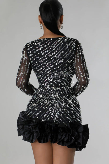 Women's Bodycon Mini Dress Black Mesh Polyester with Crystal Embellishments 3