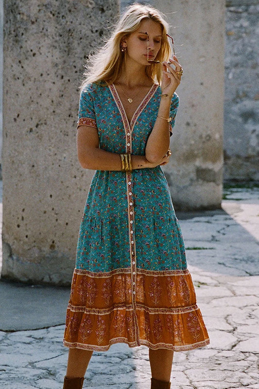 Women's Boho Dress Teal Blue Cotton Floral Print Summer Dress 0