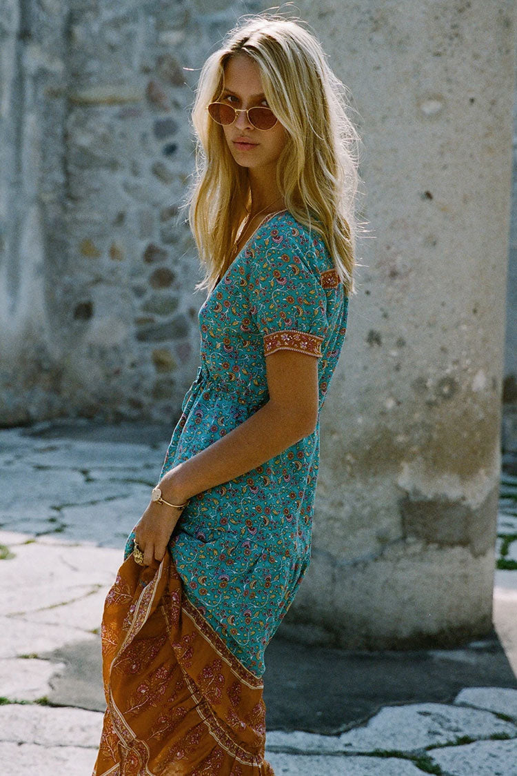 Women's Boho Dress Teal Blue Cotton Floral Print Summer Dress 2