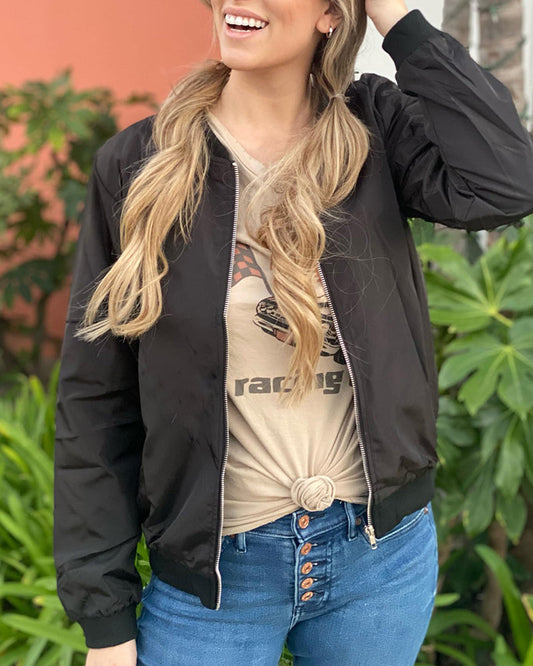 Women's Bomber Jacket Black Cotton Blend - 1