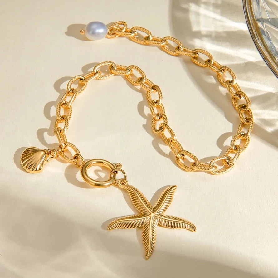 Women's Bracelet Gold Stainless Steel Freshwater Pearl Ocean-Inspired 3