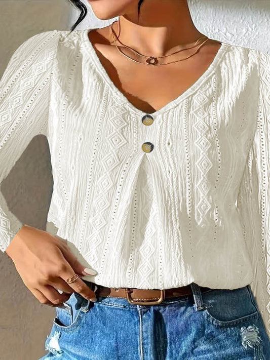 Womens Button Detail Long Sleeve Top - Casual V-Neck - Textured Knit 1