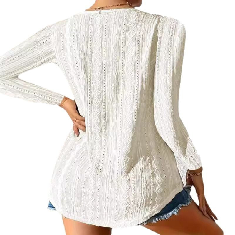 Womens Button Detail Long Sleeve Top - Casual V-Neck - Textured Knit 3