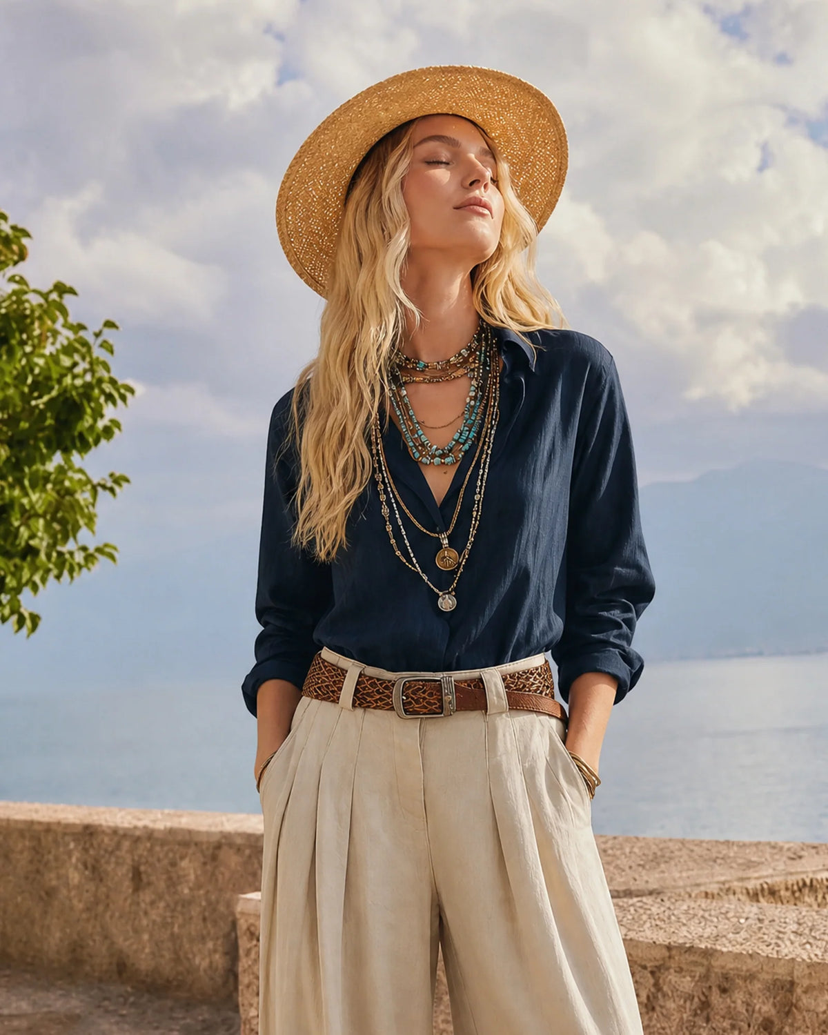 Women's Cotton-Linen Long-Sleeve Pullover Shirt – Product view | Hensley London