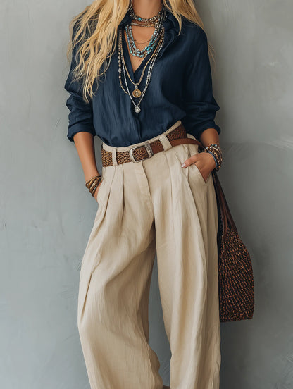 Women's Cotton-Linen Long-Sleeve Pullover Shirt – Product view | Hensley London