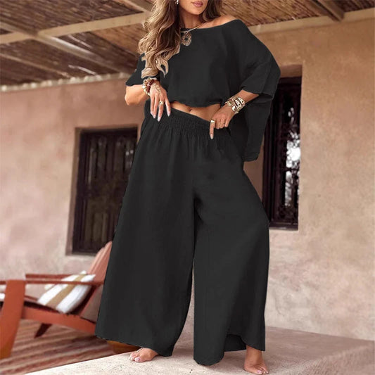 Women's Off-Shoulder Top and Wide-Leg Trouser Set in Black – product view 5 | Hensley London