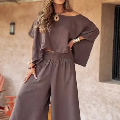 Women's Off-Shoulder Top and Wide-Leg Trouser Set in Brown – product view 6 | Hensley London