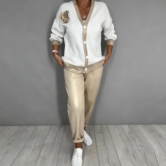 Women's V-Neck Top and High-Waist Trouser Set in White – product view 1 | Hensley London