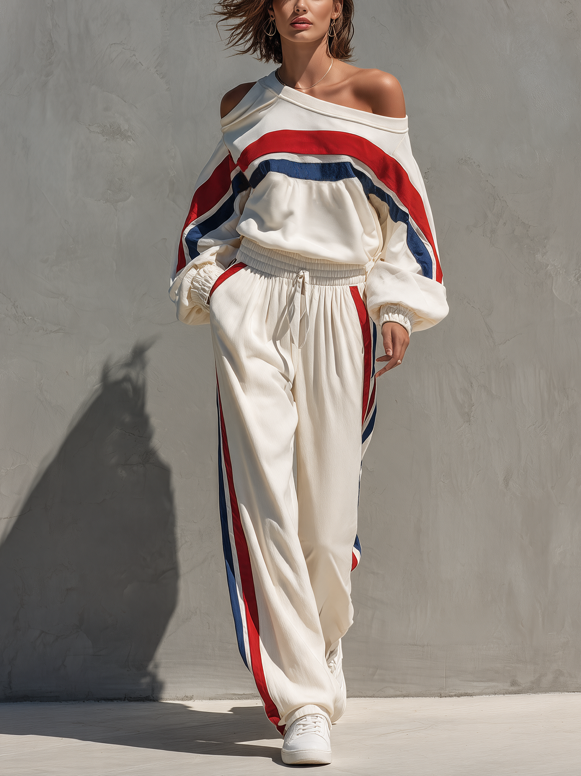 Women's Off-Shoulder Striped Sweatshirt and Jogger Set in White - product view | Hensley London